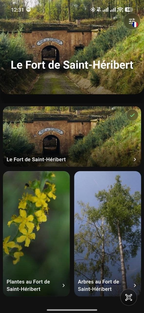 Accueil de l'application du Fort de Saint-Héribert : sections en grille avec photos