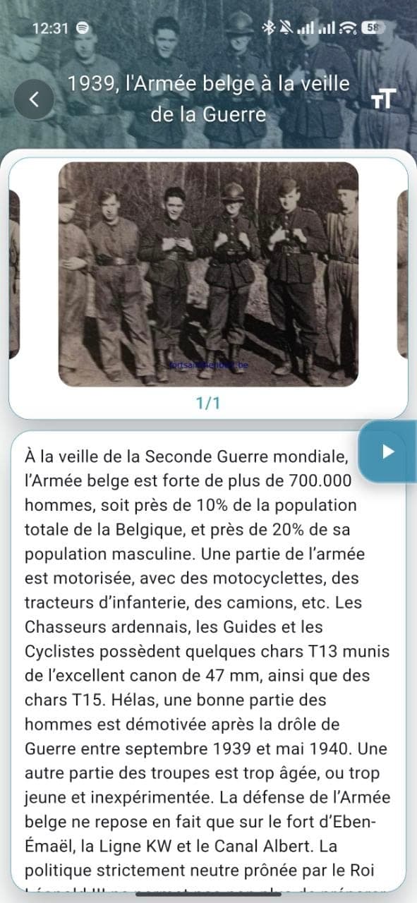 Fiche article de l'application : photo d'archive, texte et lecture audio