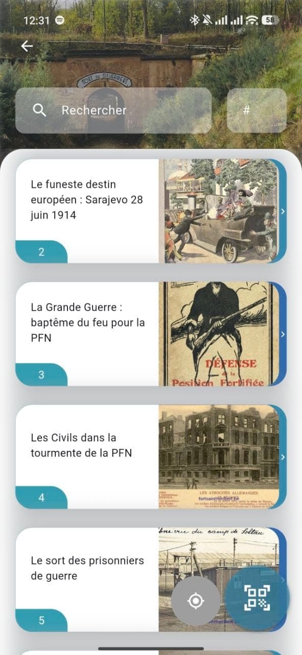 Application aux couleurs du Fort de Saint-Héribert : liste des sections et recherche